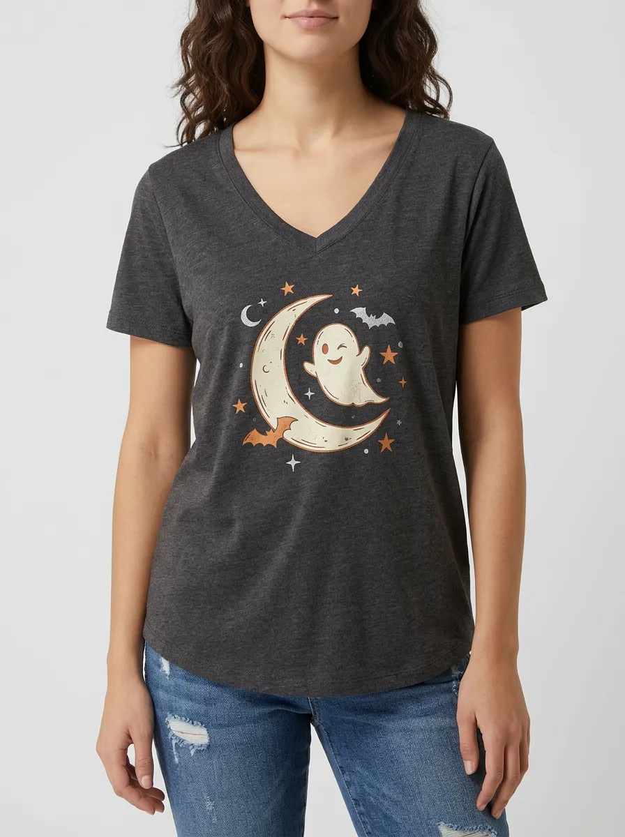 Women's Halloween Ghost Moon Stars Bat Printed V-neck T-shirt