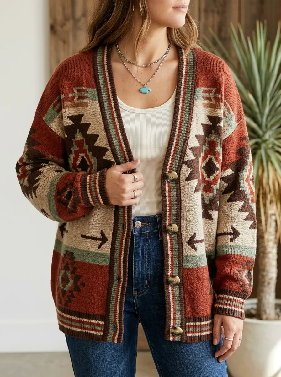 Women's Western Rust Multi-Color Southwestern Pattern Cardigan