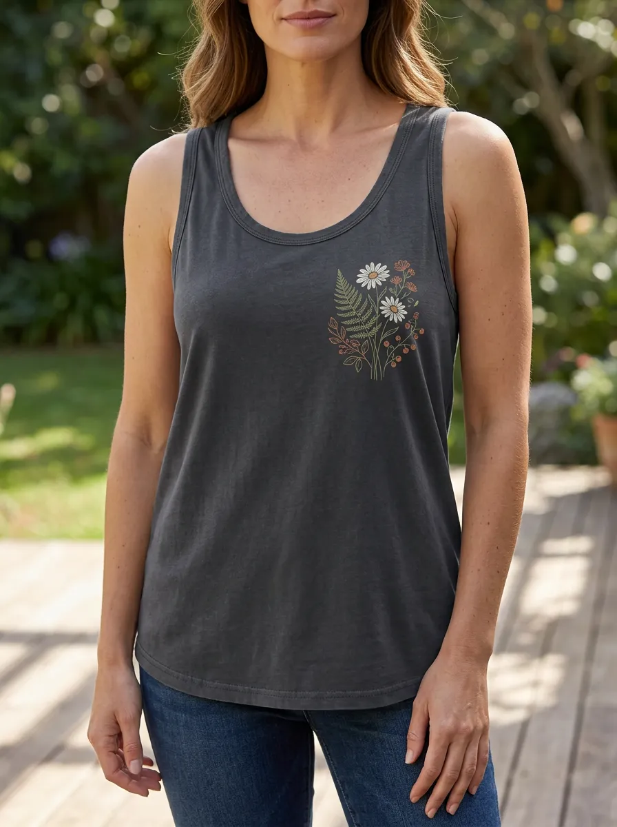 Women's Nature Lover Daisy Fern Floral Printed Tank Top
