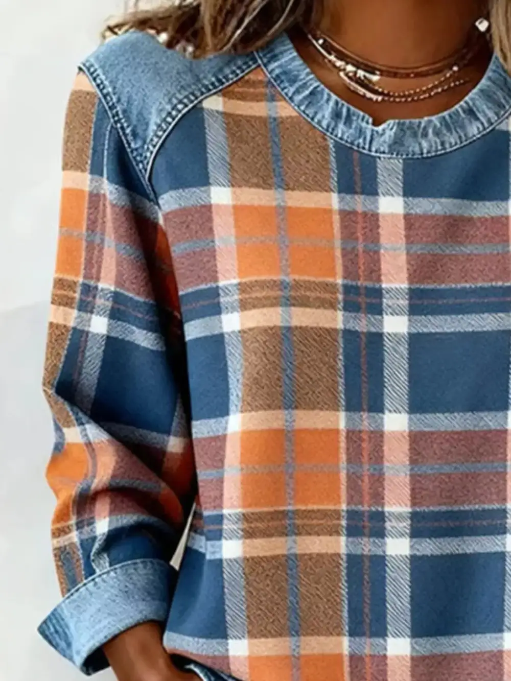 Plaid Denim Trim Long Sleeve Sweatshirt