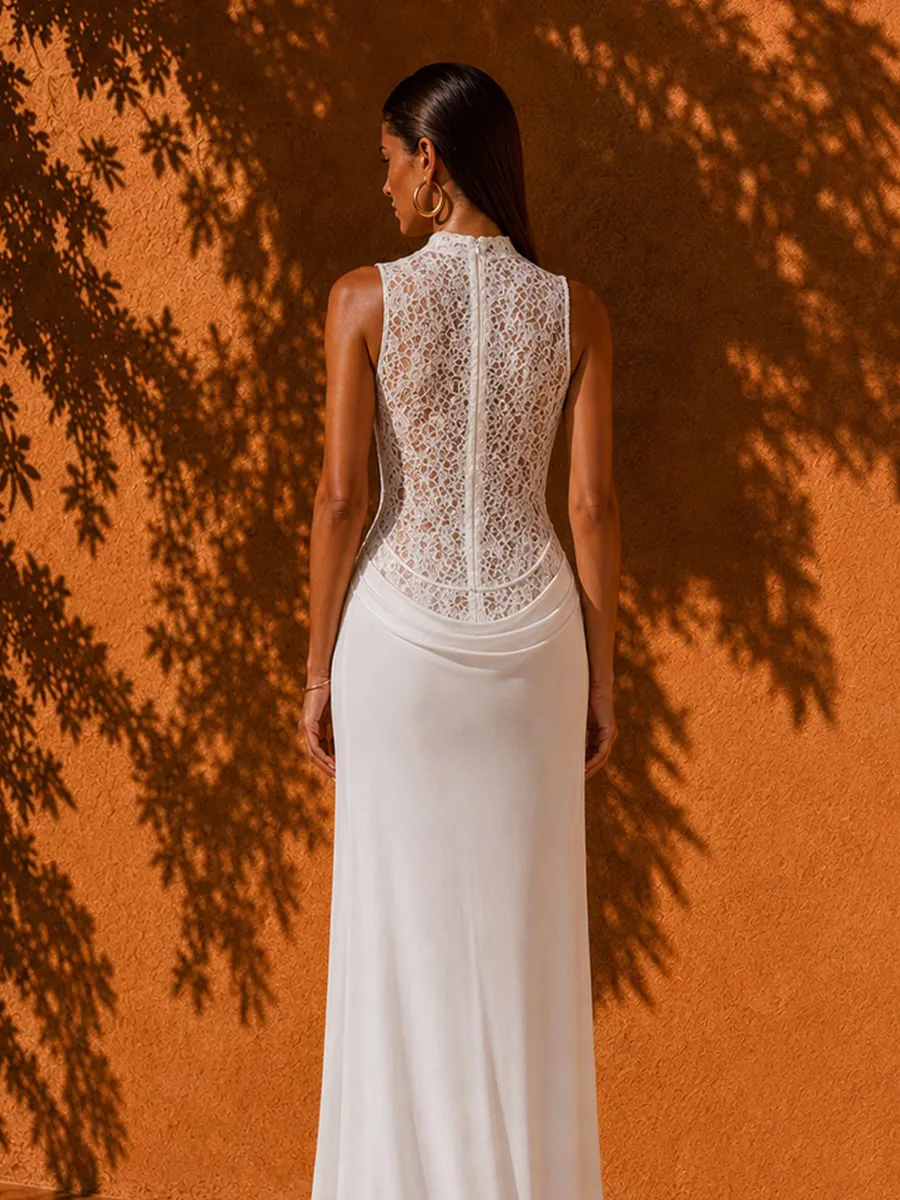 Paisley Floral Lace and Mesh Maxi Dress