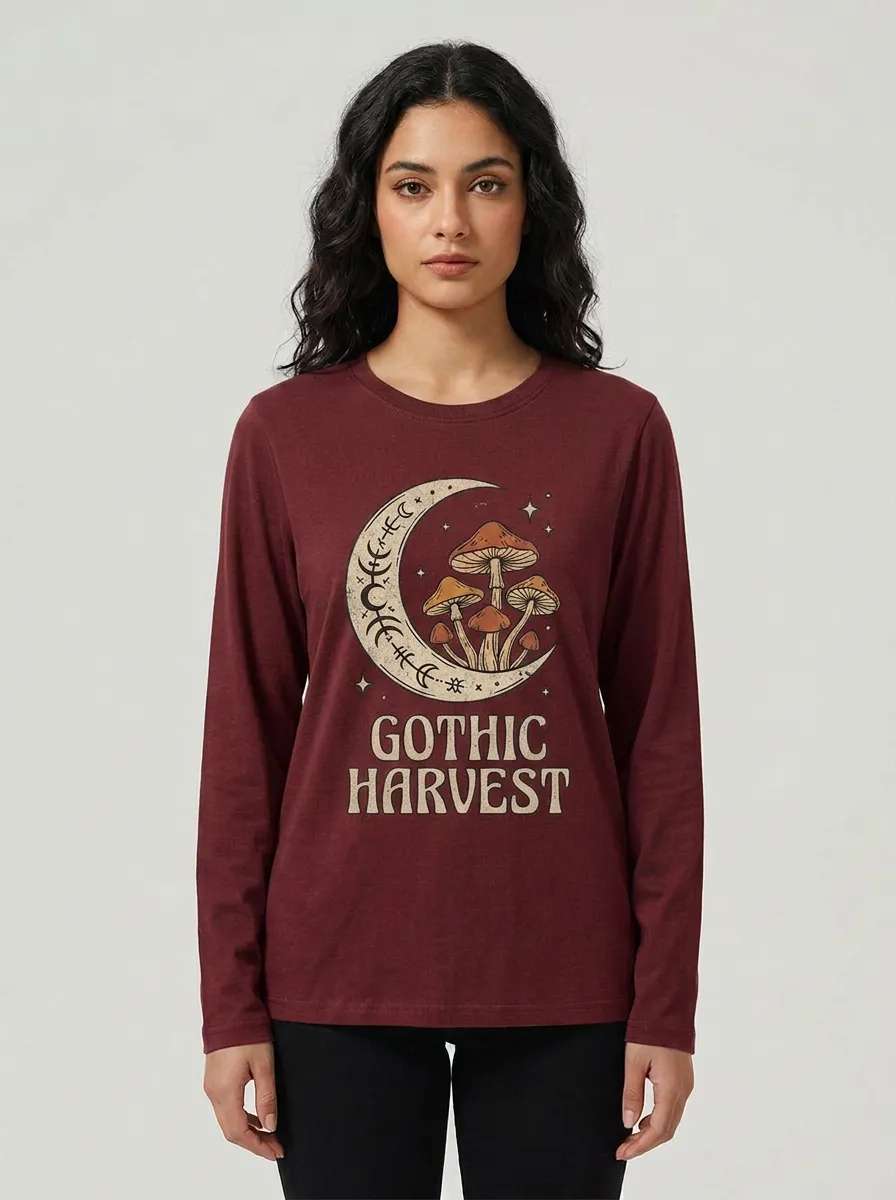 Women's Halloween Gothic Harvest Mushroom Moon Printed Long Sleeve T-shirt
