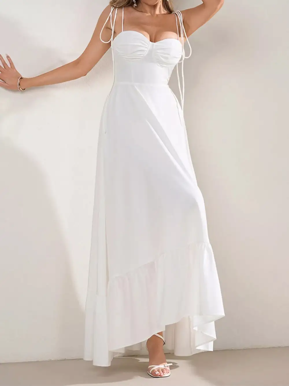 Sweetheart Neck Tie Strap Ruffle Hem Maxi Dress
