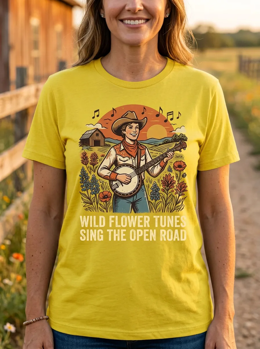 Rustic Country Music Banjo Player Wildflower Crew Neck T-Shirt