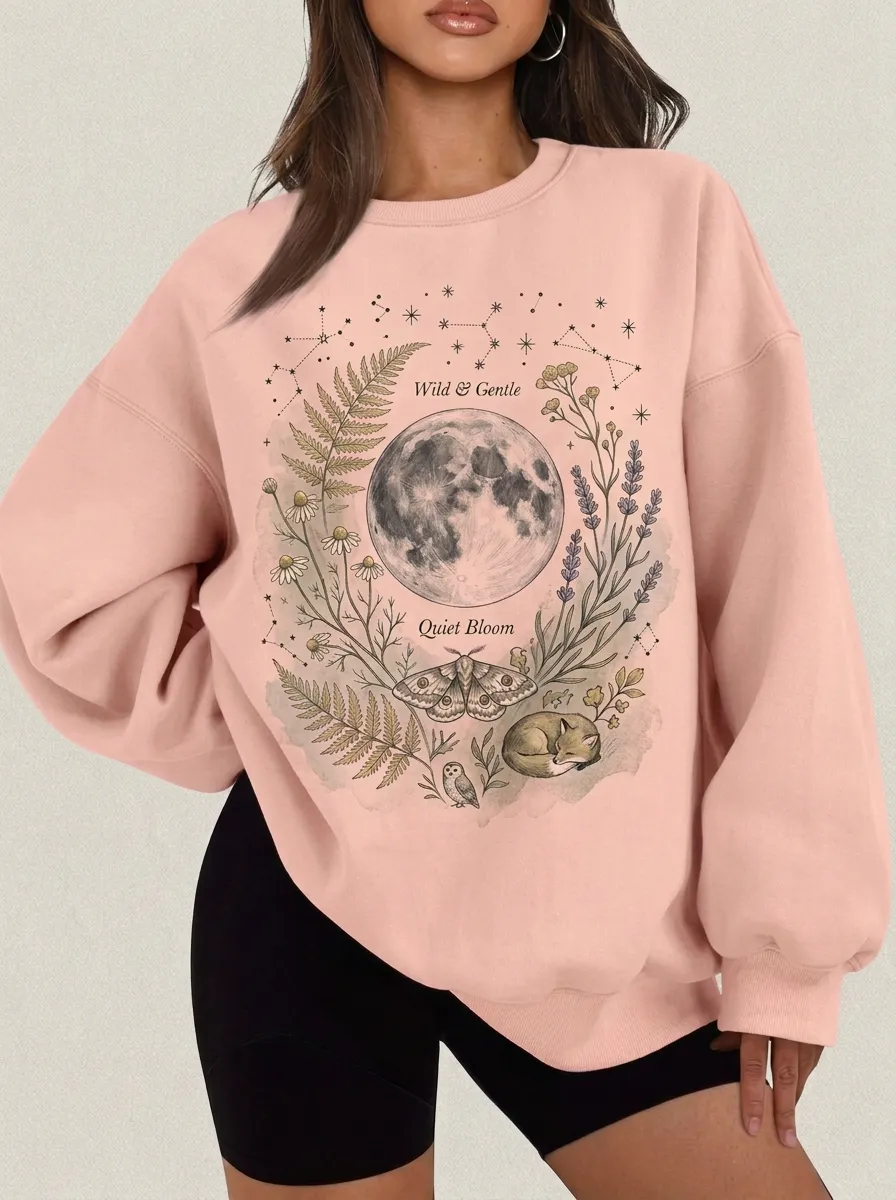 Women's Celestial Nature Lover Moon Moth Fox Printed Sweatshirt