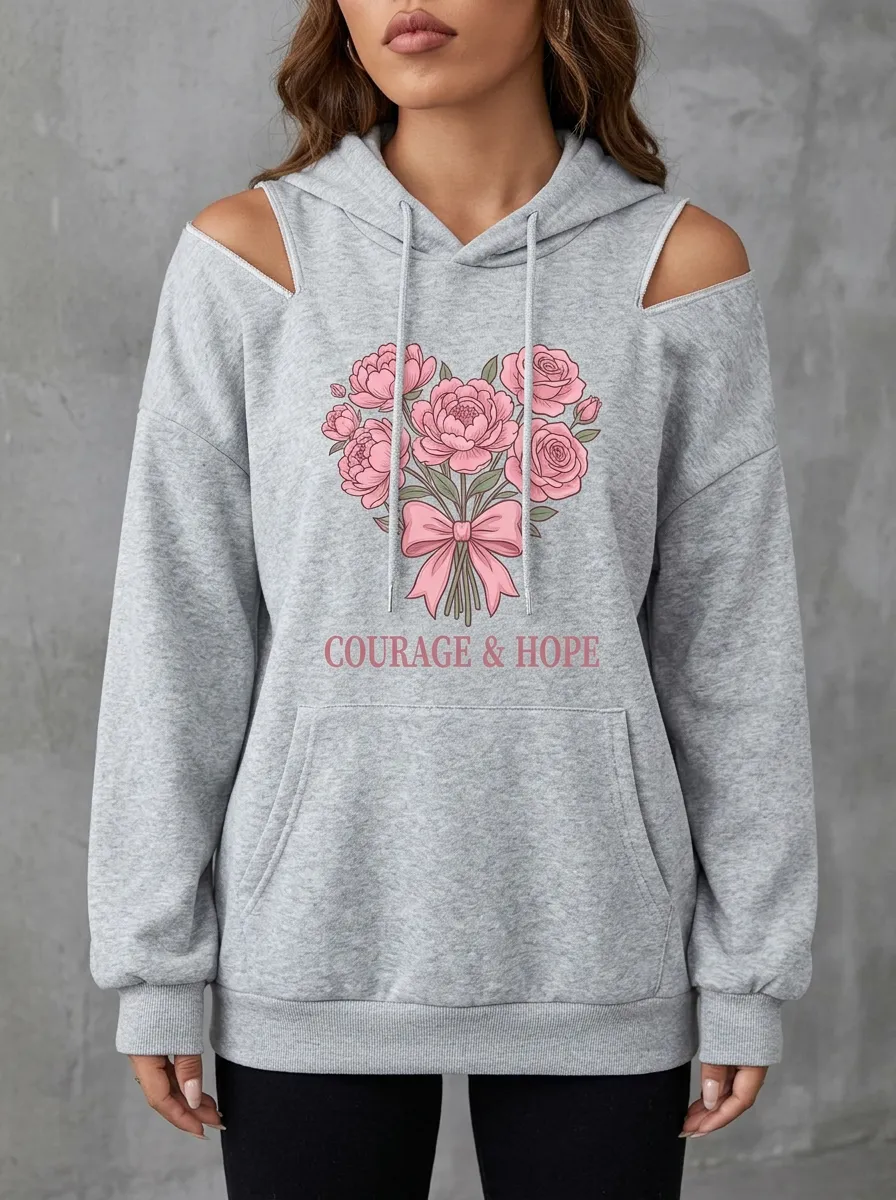 Women's Breast Cancer Awareness Floral Heart Printed Cold Shoulder Hoodie