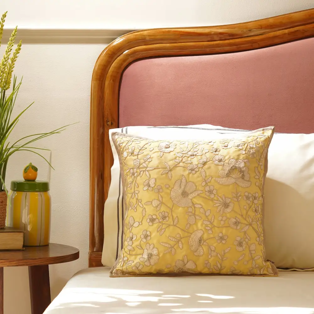 Yellow Bloom Embroidered Cushion Cover
