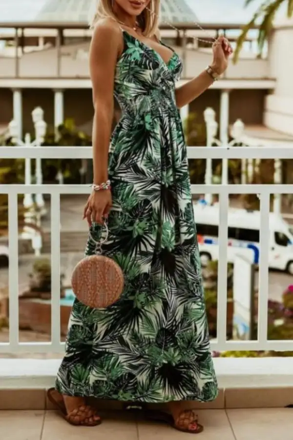 Classic Smocked Spaghetti-Strap Printed Maxi Dress