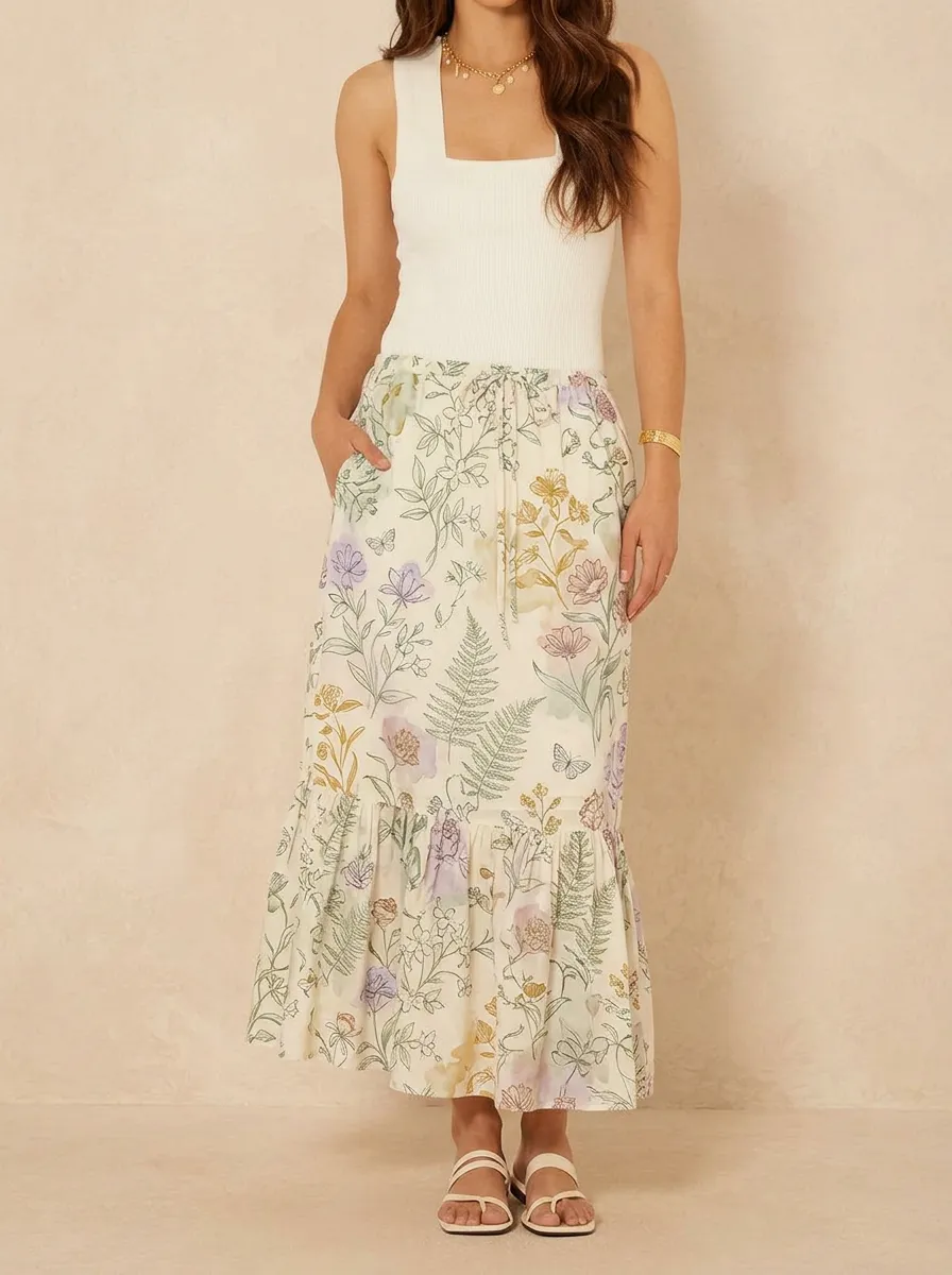 Women's Tiered Boho Floral Botanical Printed Midi Skirt