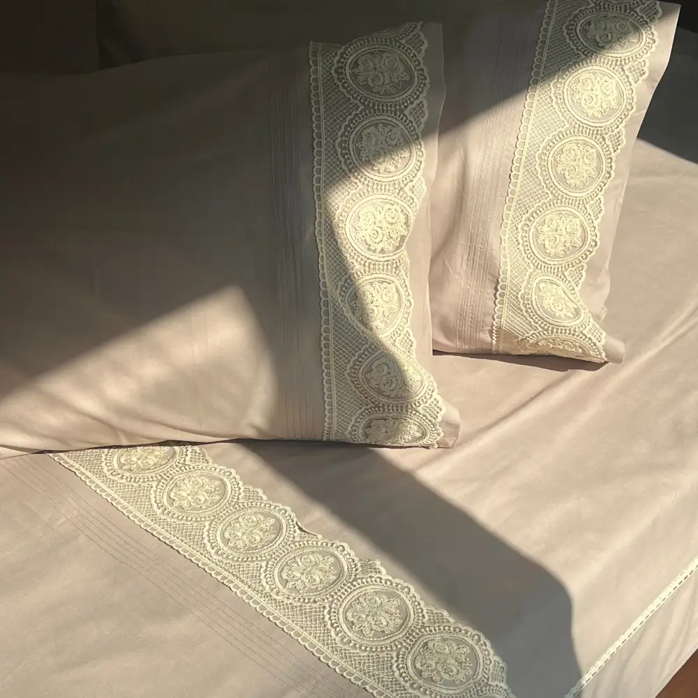 Mocha Cotton Embroidered Lace Bed Sheet Set