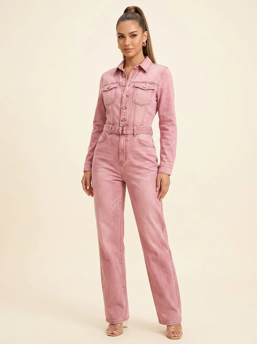 Pink Casual Solid Denim Jumpsuit