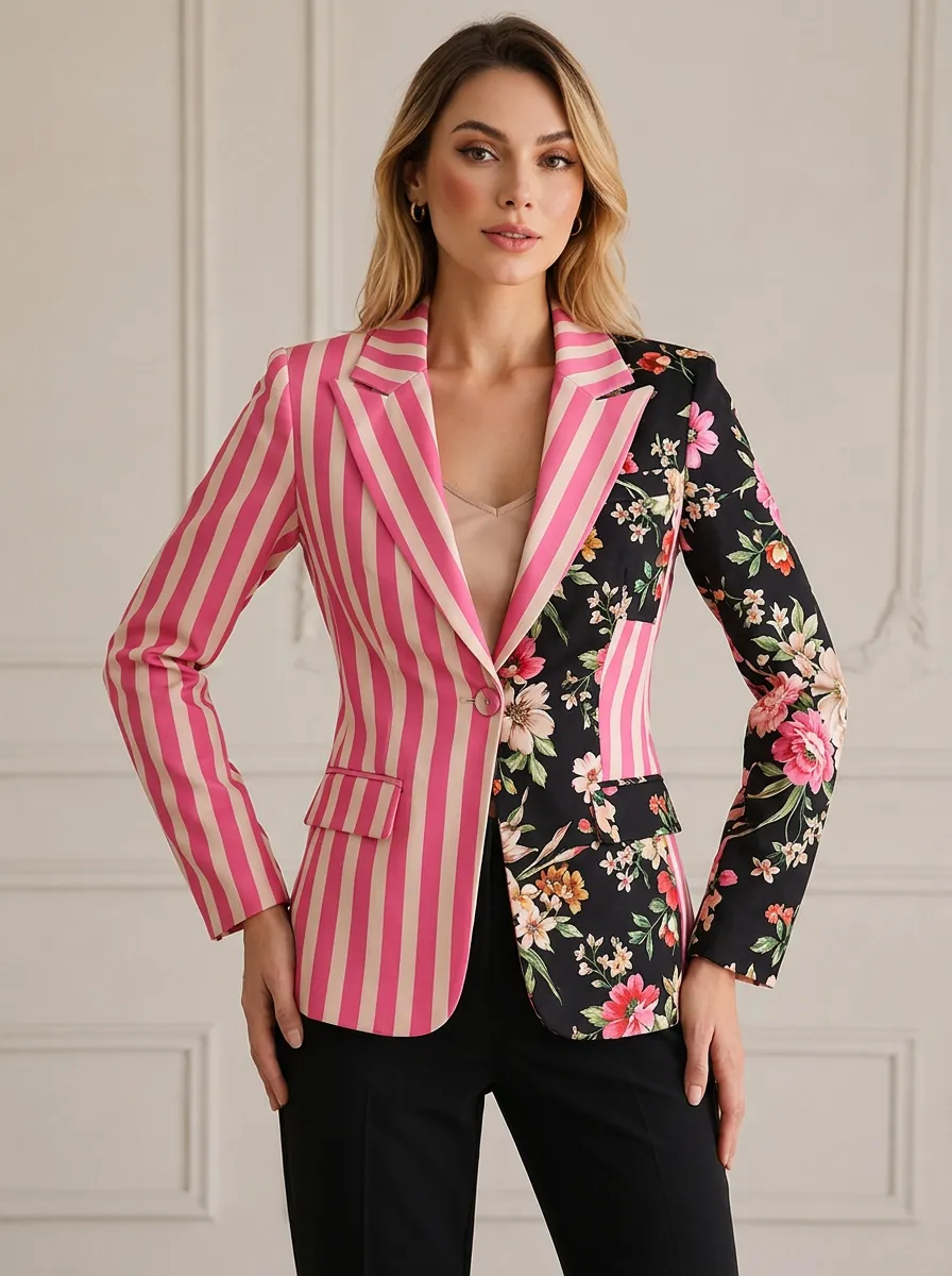 Women's Floral Striped Patchwork Printed Blazer