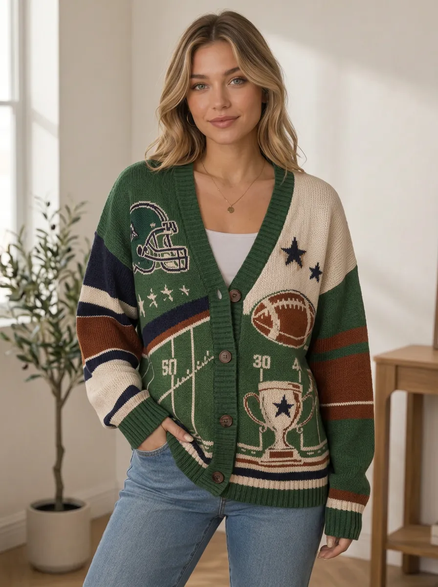 Women's Retro Gridiron Helmet Trophy Knit Cardigan
