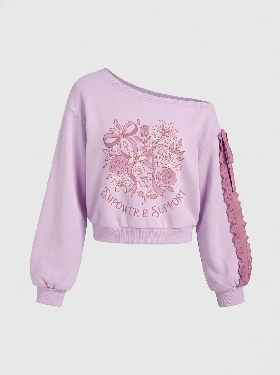 Women's Breast Cancer Awareness Floral Ribbon Printed Off-Shoulder Sweatshirt