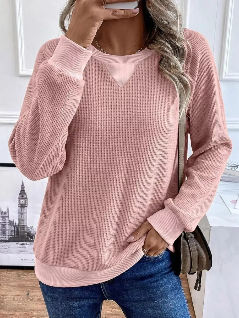 Crew Neck Waffle Knit Sweatshirt