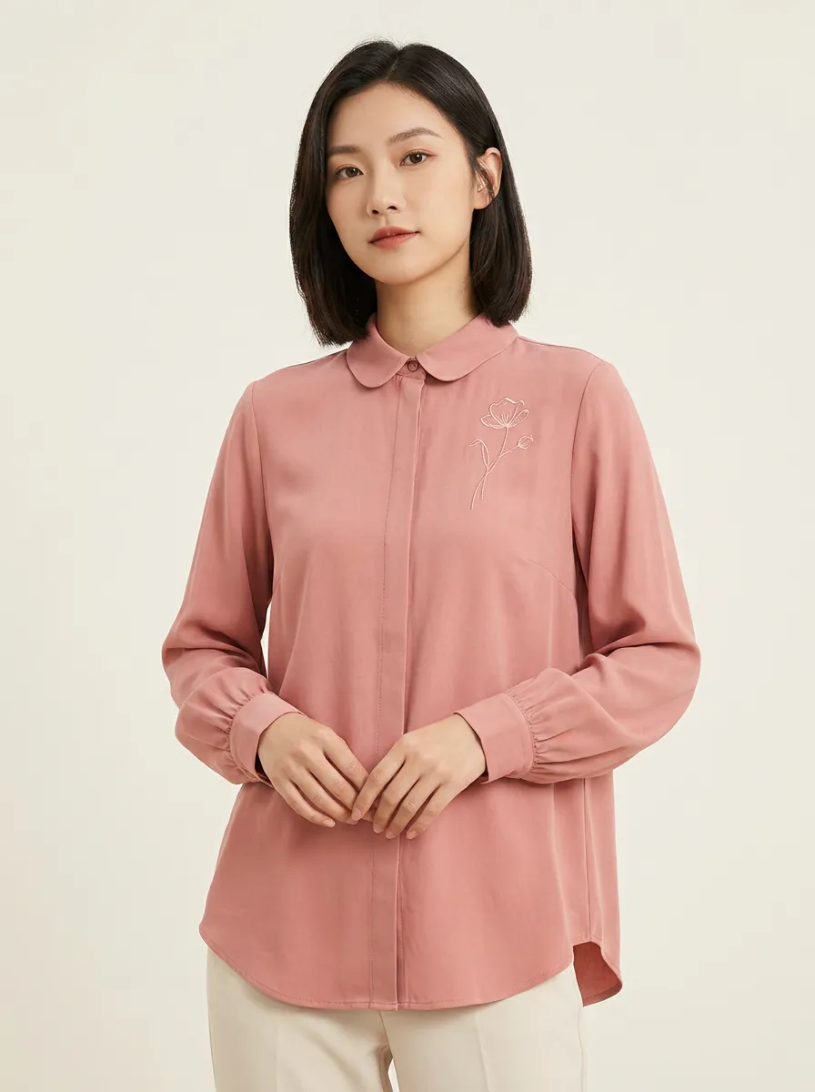 Women's Pink Floral Minimalist Embroidered Long Sleeve Shirt