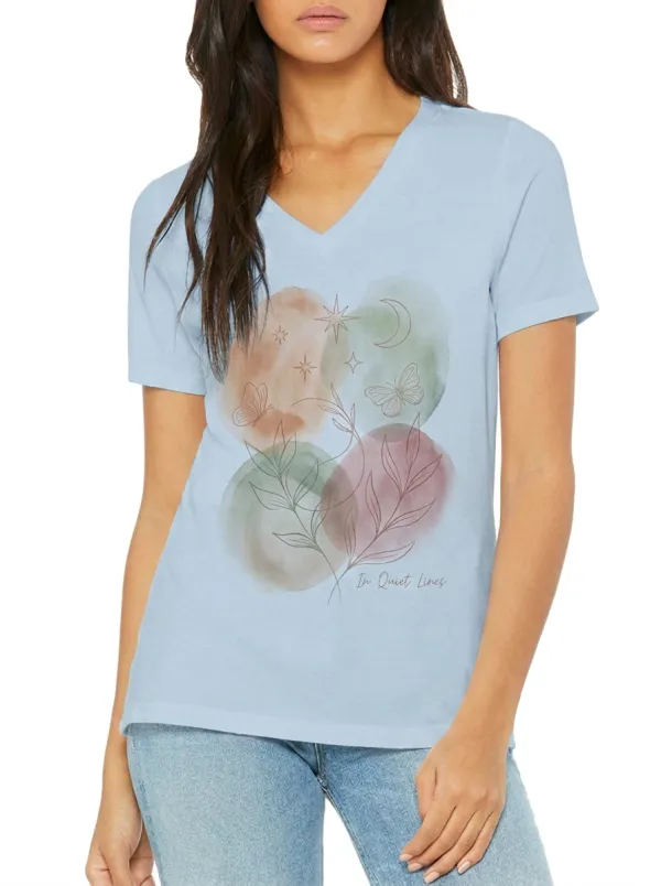Women's Boho Celestial Butterfly Watercolor Printed V-Neck T-Shirt