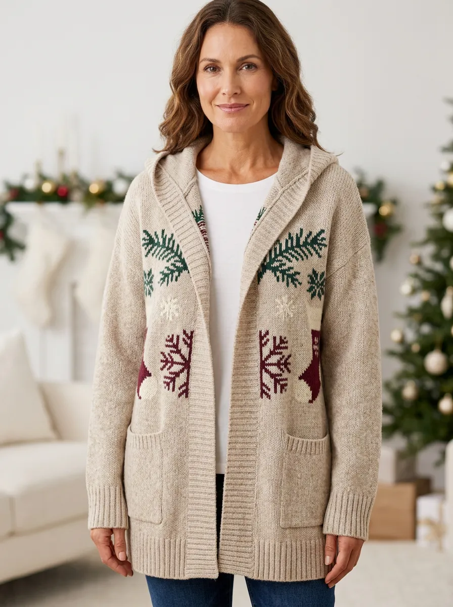 Christmas Snowflake Pine Print Hooded Cardigan