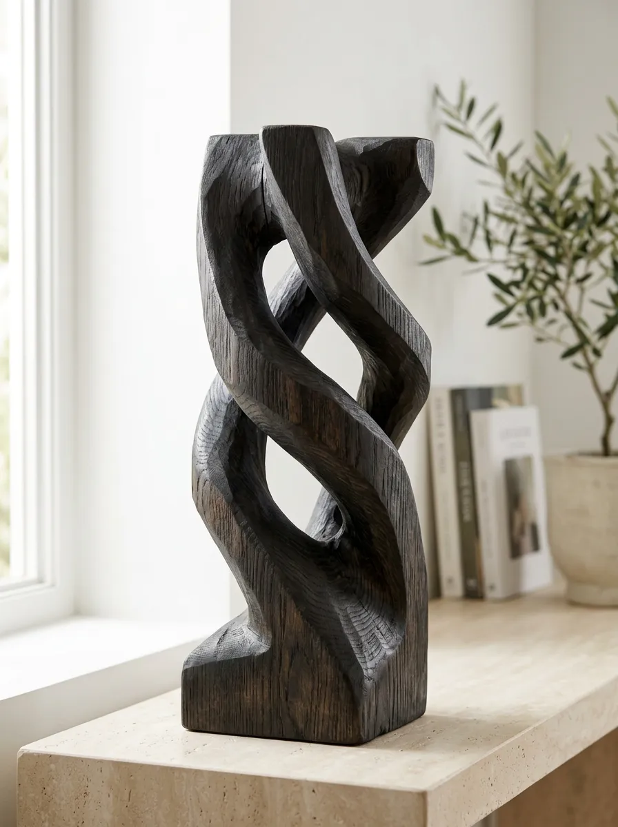 Minimalist Abstract Twisted Wood Carved Sculpture