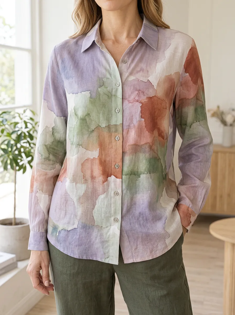 Women's Abstract Art Watercolor Printed Button-Down Shirt