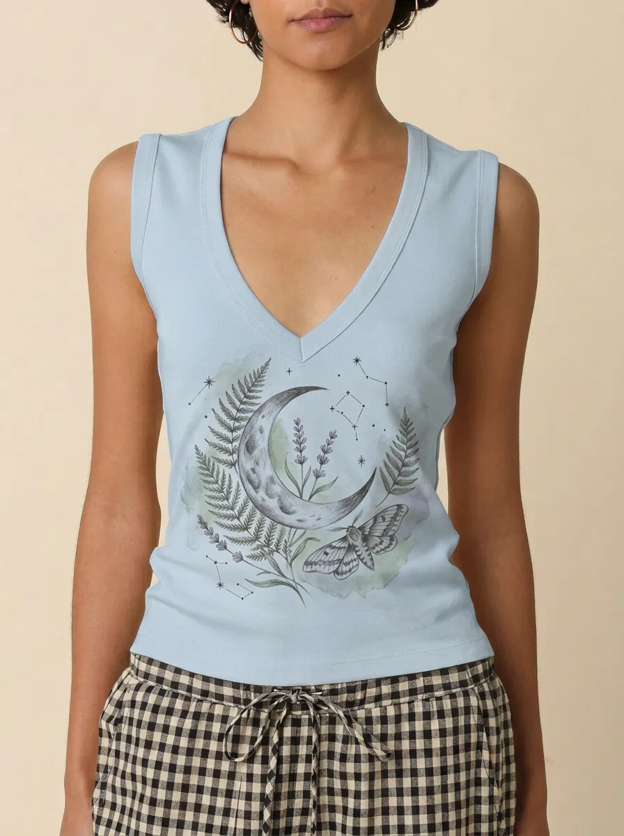 Women's Celestial Moth Fern Moon Printed Tank Top