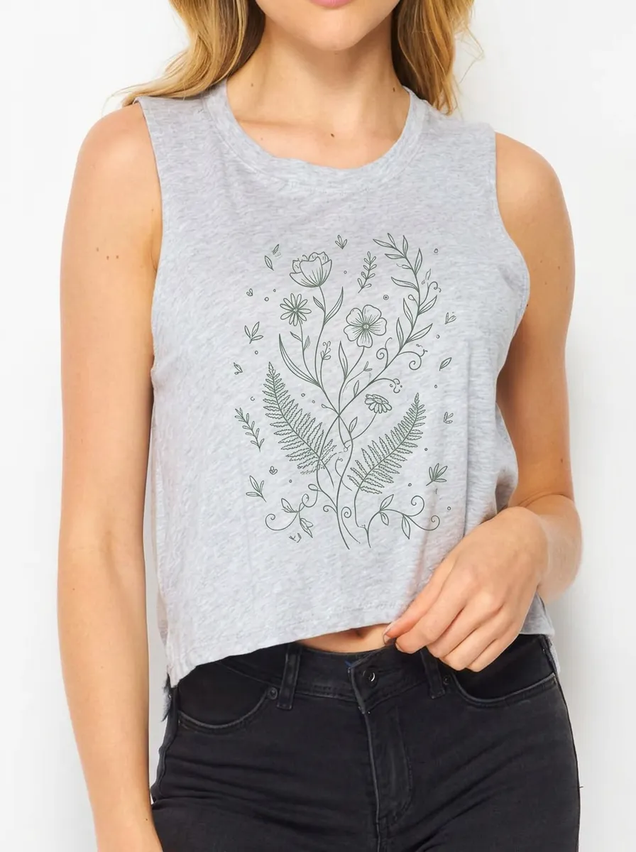 Women's Nature Lover Botanical Fern Flower Printed Crop Tank Top