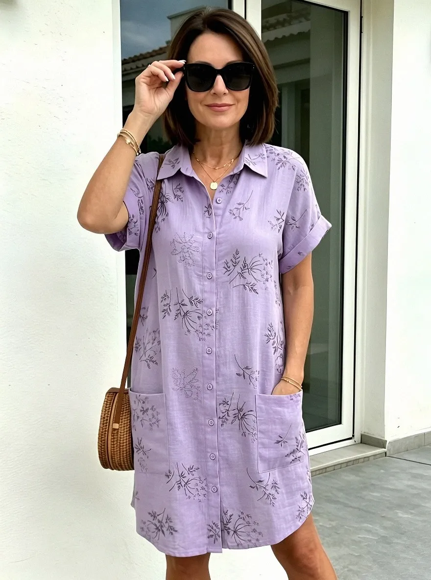 Women's Summer Vacation Floral Botanical Printed Shirt Dress