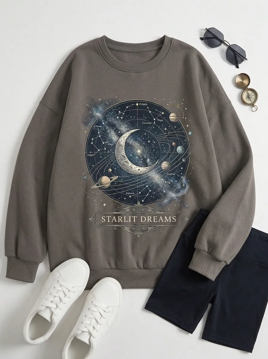 Women's Starlit Dreams Astronomy Moon Planets Printed T-shirt