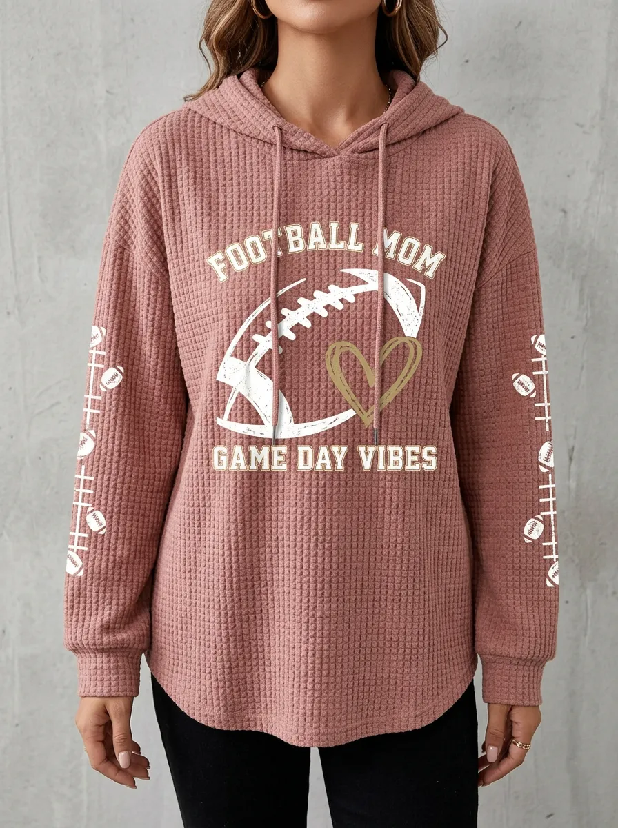 Women's Football Mom Heart Game Day Printed Waffle Hoodie