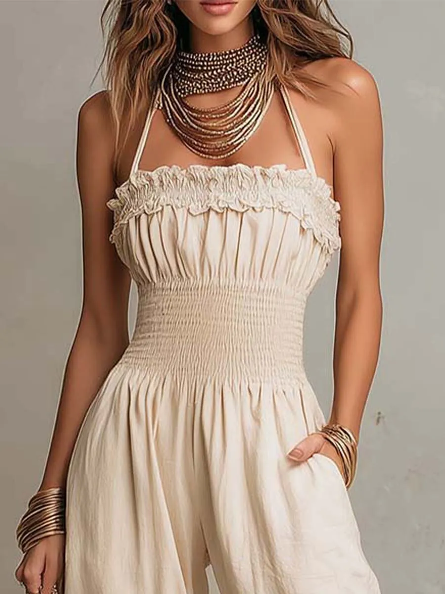 Bohemian Lace-Trimmed Linen-Blend Halter Harem Jumpsuit