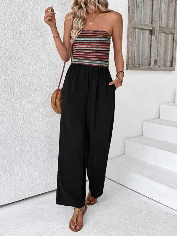Casual Simple Elastic Stitching Striped Jumpsuit