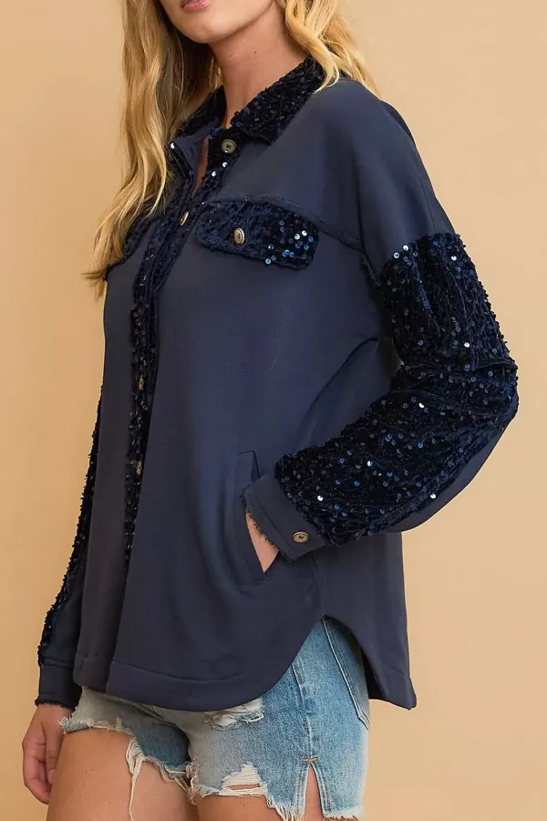 Cotton Sequined Pocketed Jacket