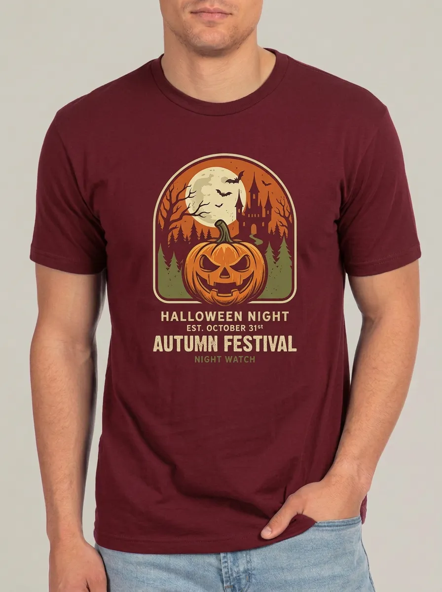 Men's Halloween Pumpkin Castle Moon Printed T-shirt