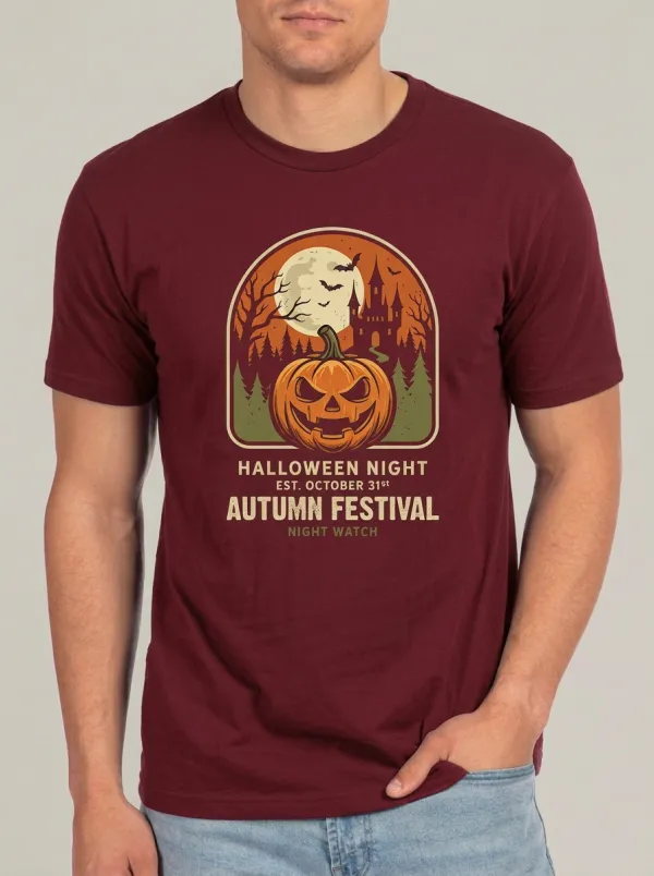 Men's Halloween Pumpkin Castle Moon Printed T-shirt