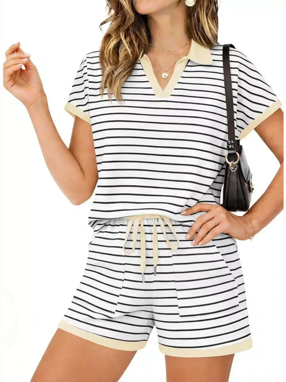 Striped Short Sleeve Polo Shorts Set