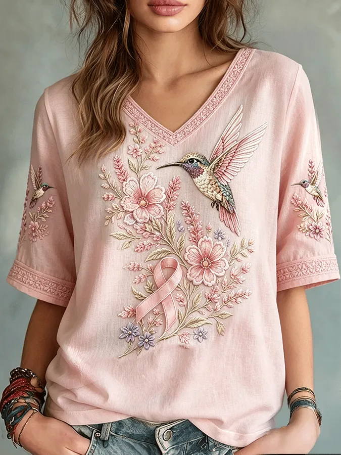 Retro Pink Ribbon Printed Casual Cotton And Linen Top