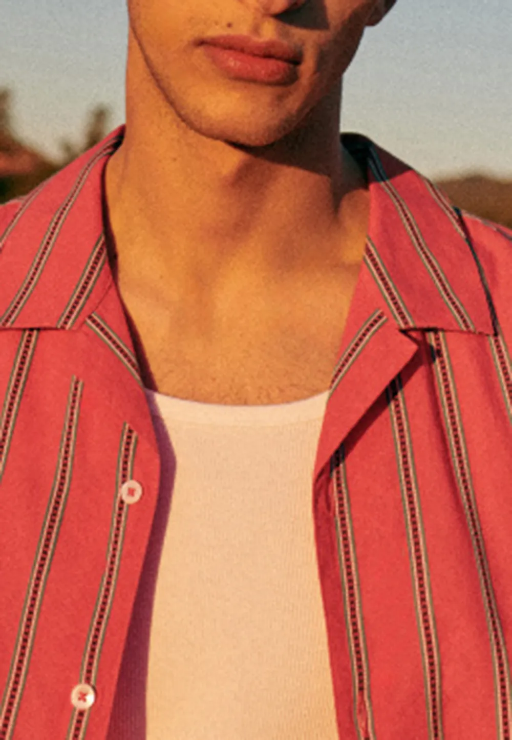 Coral Red Stripe Print Short Sleeve Camp Shirt