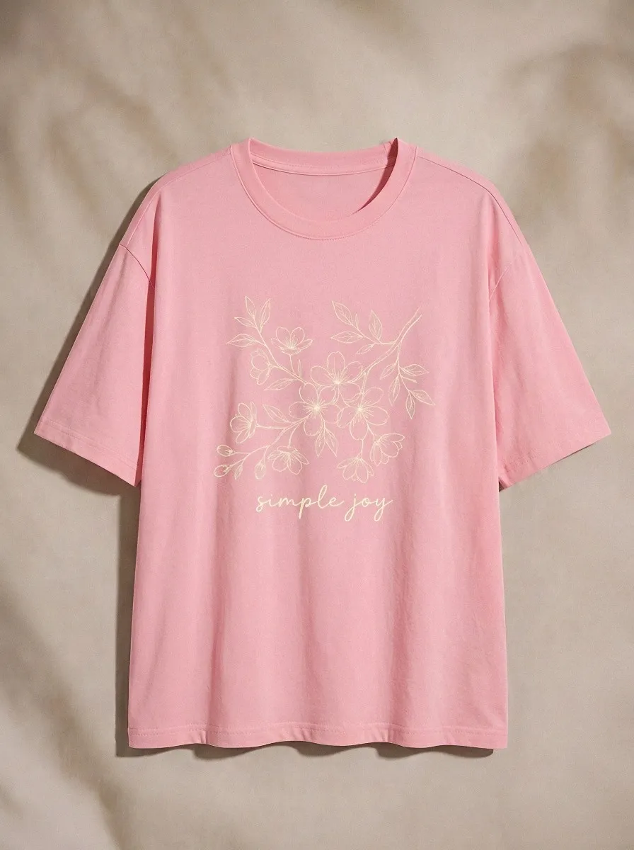 Women's Simple Joy Floral Botanical Line Art Printed T-shirt