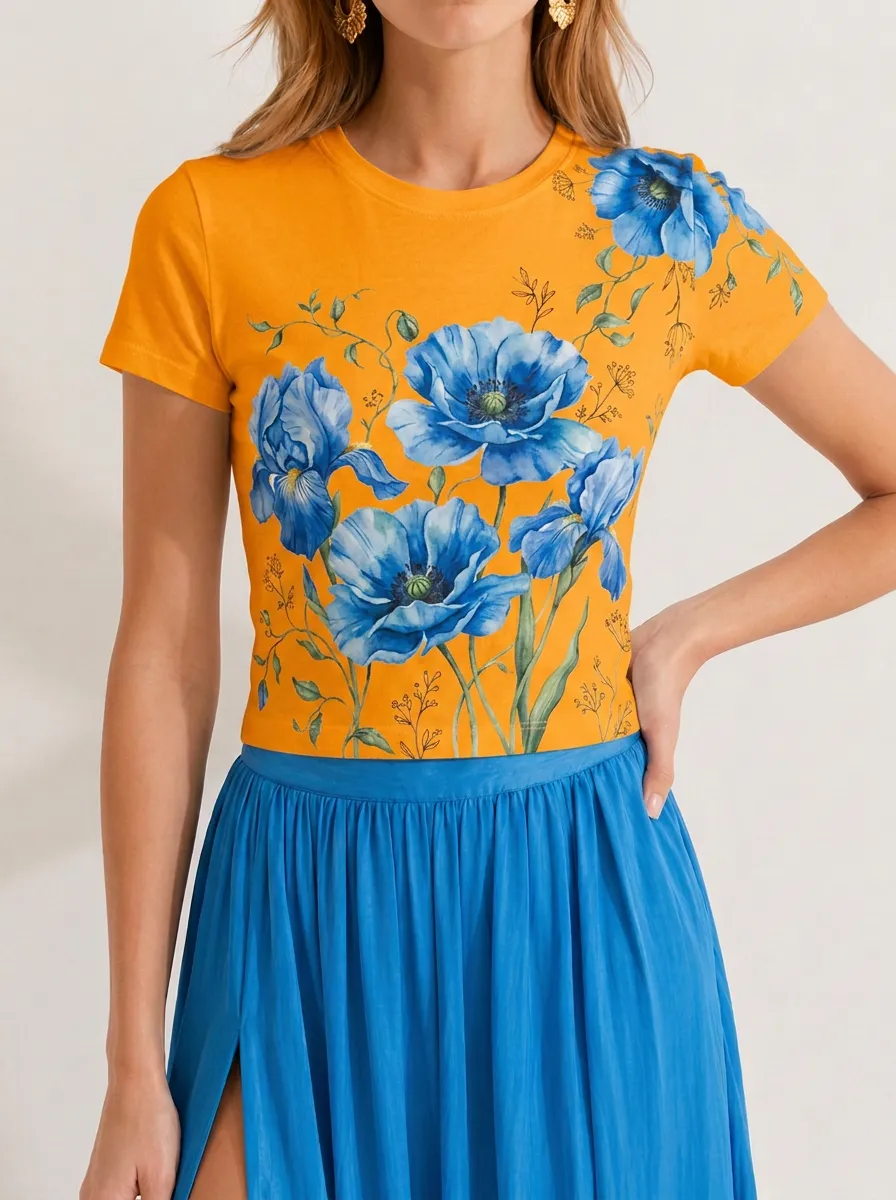 Women's Floral Lover Blue Poppy Iris Printed T-shirt