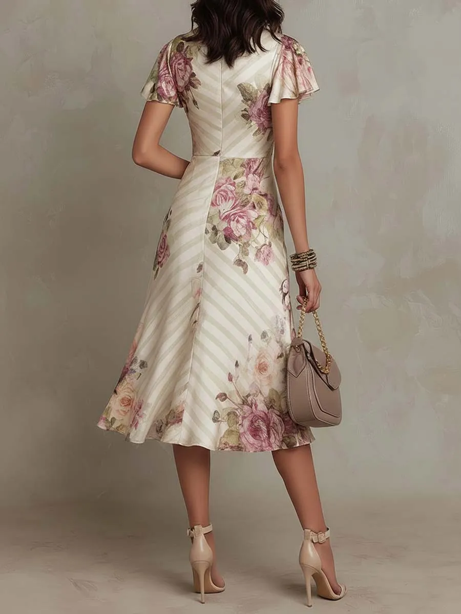 Elegant Vintage Floral Chiffon Midi Dress