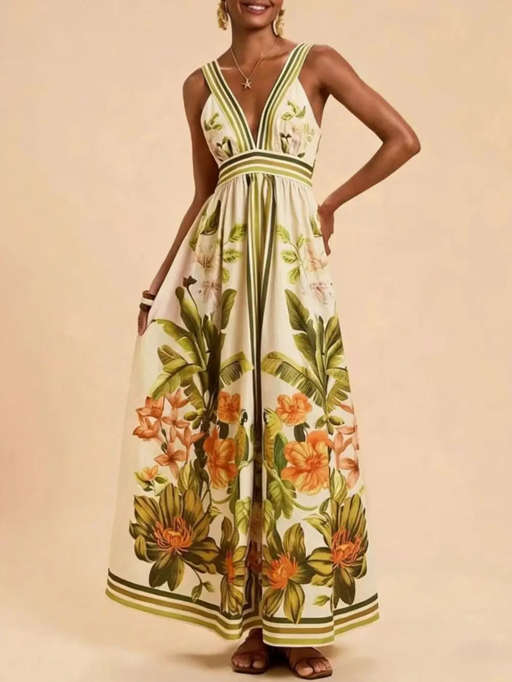 Smocked V-Neck Maxi Dress