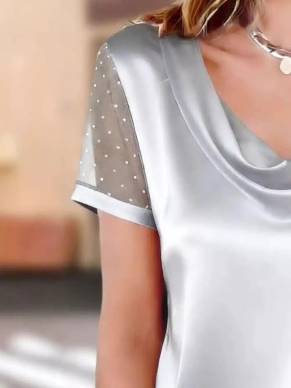 Cowl Neck Polka Dot Short Sleeve Top
