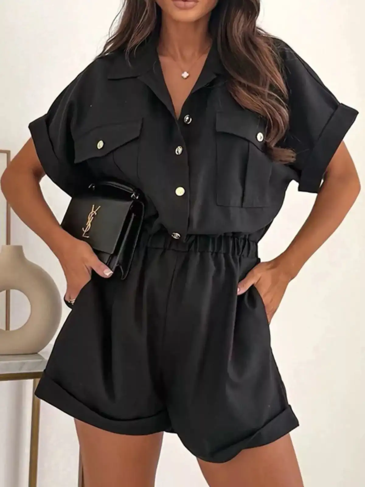Button-Front Pocketed Shirt and Shorts Matching Set