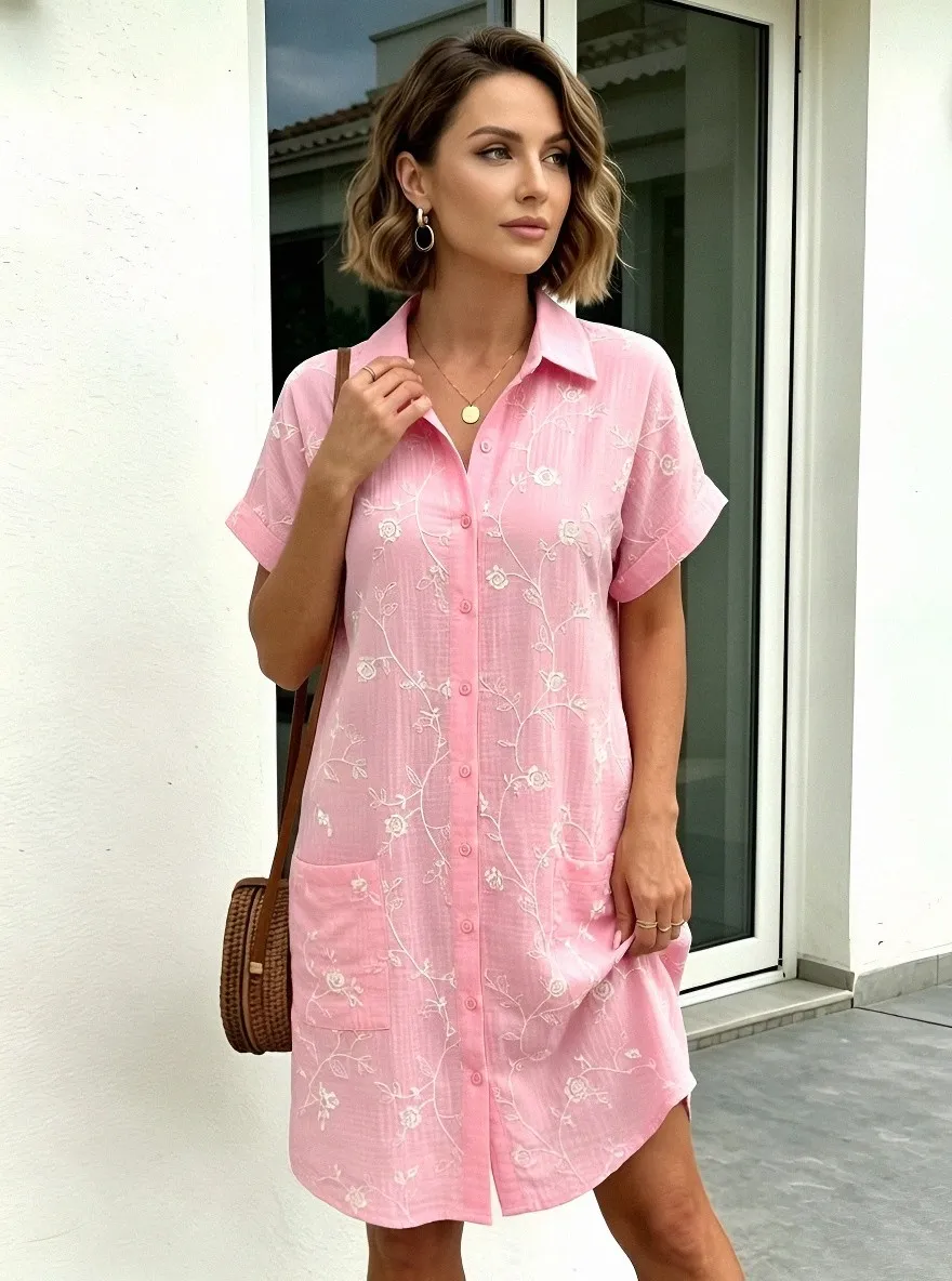 Women's Summer Vacation Floral Vine Printed Shirt Dress