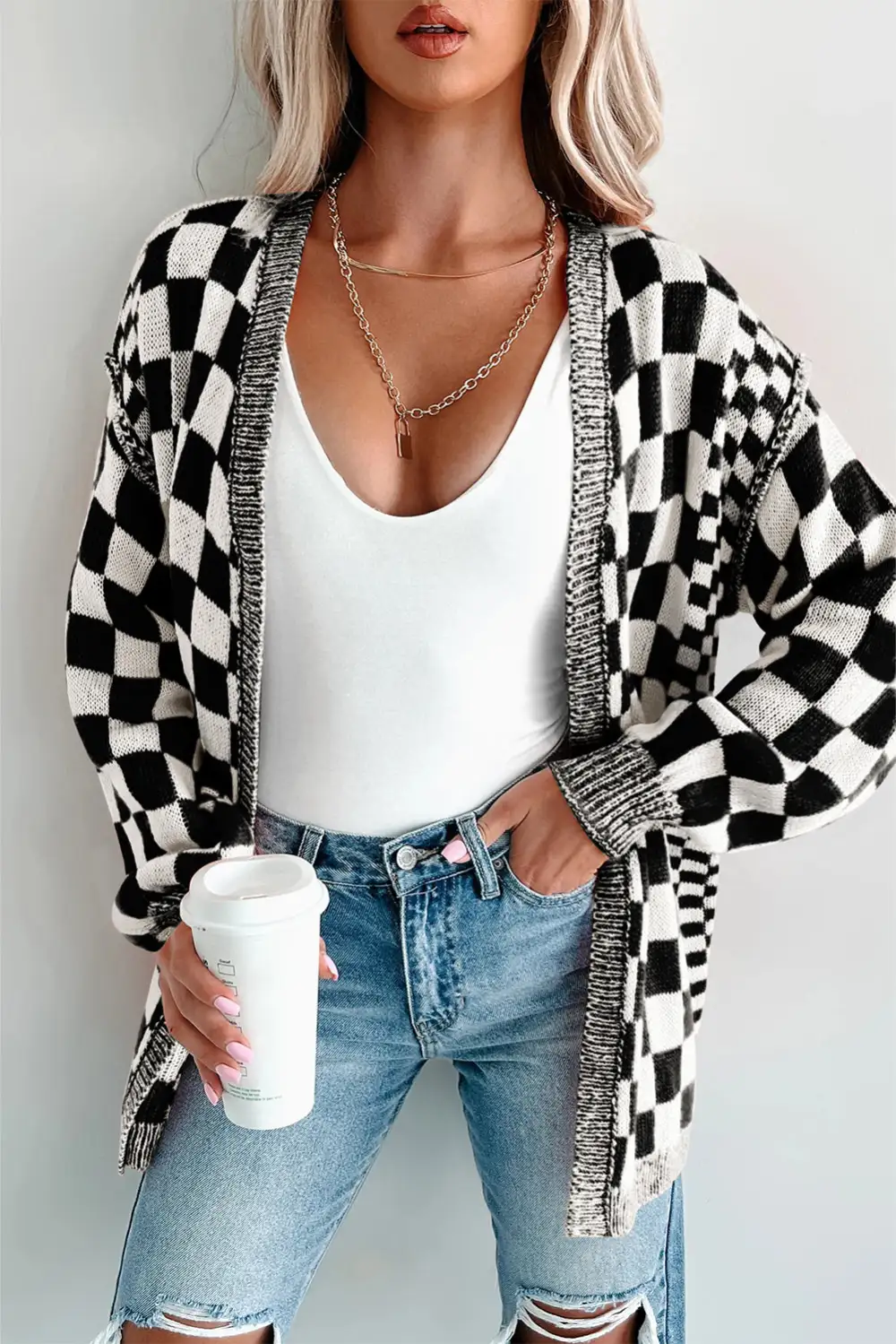 Checkered Open Front Drop Shoulder Cardigan