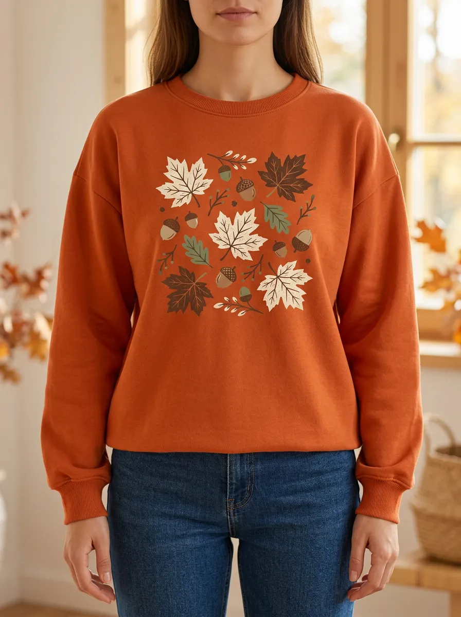 Comfort Maple-Leaf Printed Acorn Graphic Sweatshirt