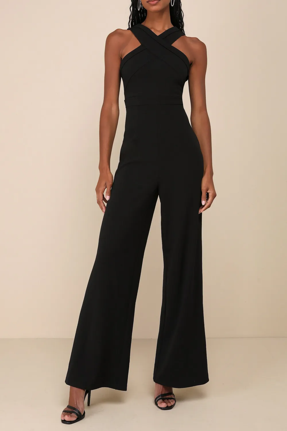 Casual Style Black Cross-Front Wide-Leg Jumpsuit