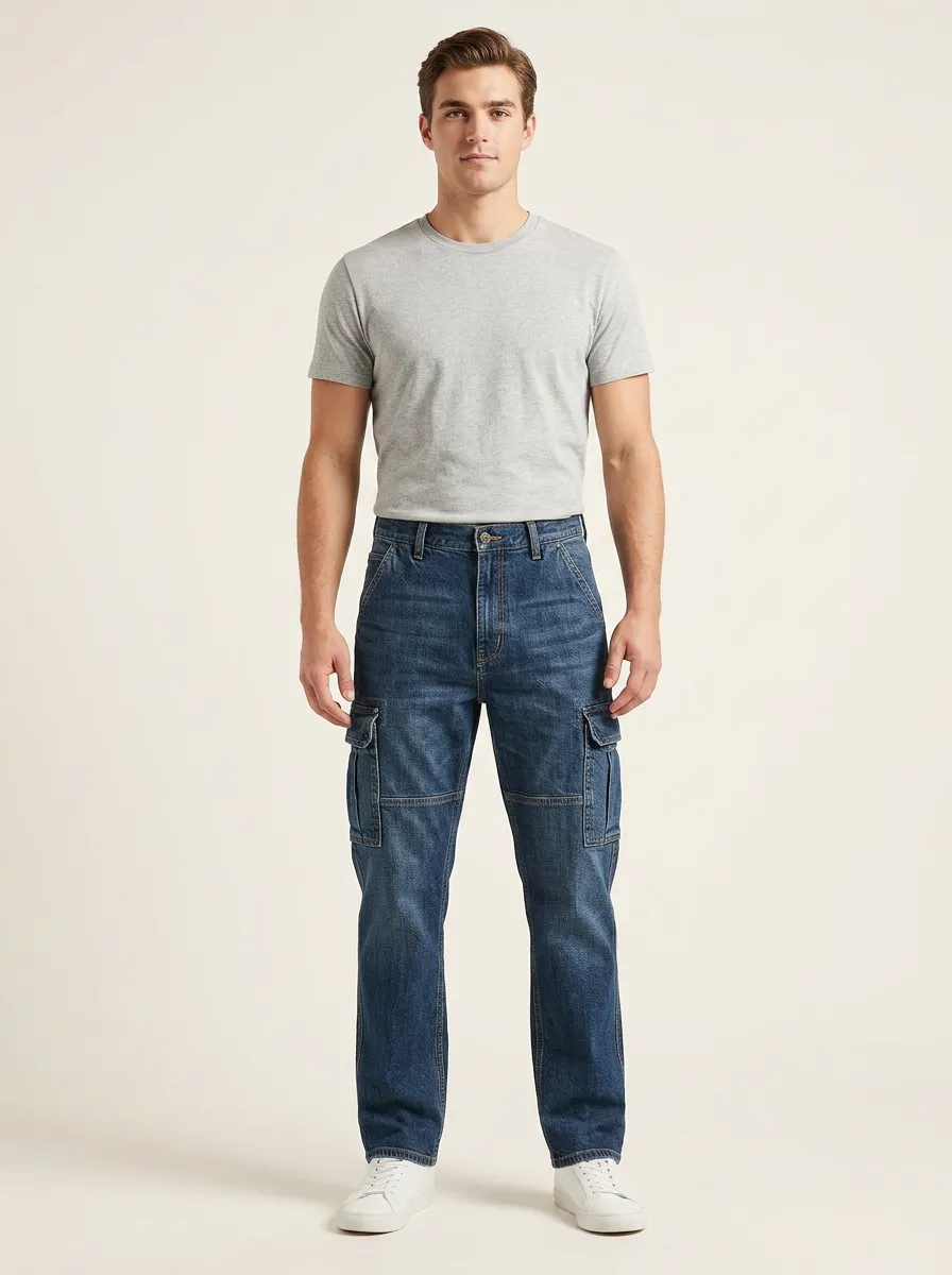 Men's Casual Utility Style Multi-Pocket Denim Cargo Pants