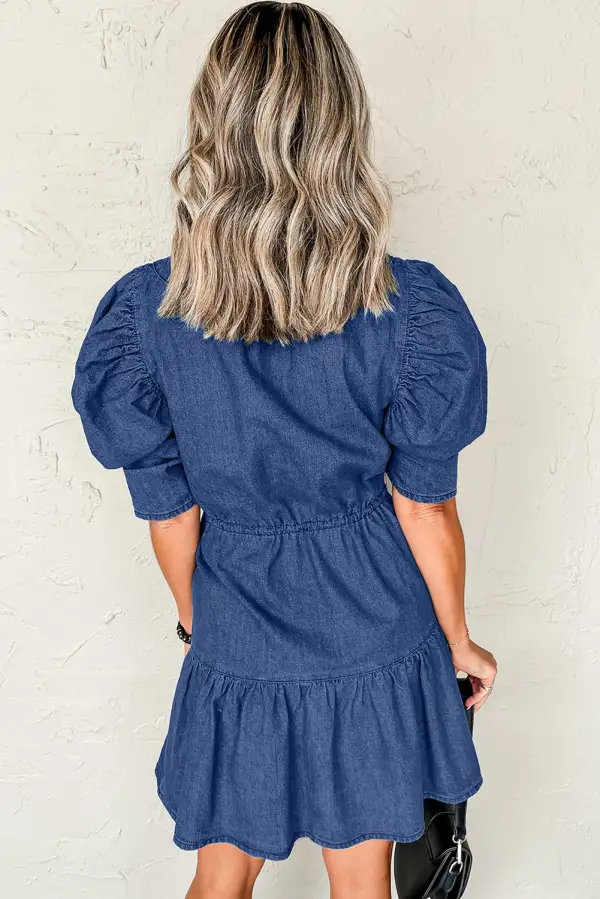 Denim Look Drawstring Puff Sleeve Mini Dress