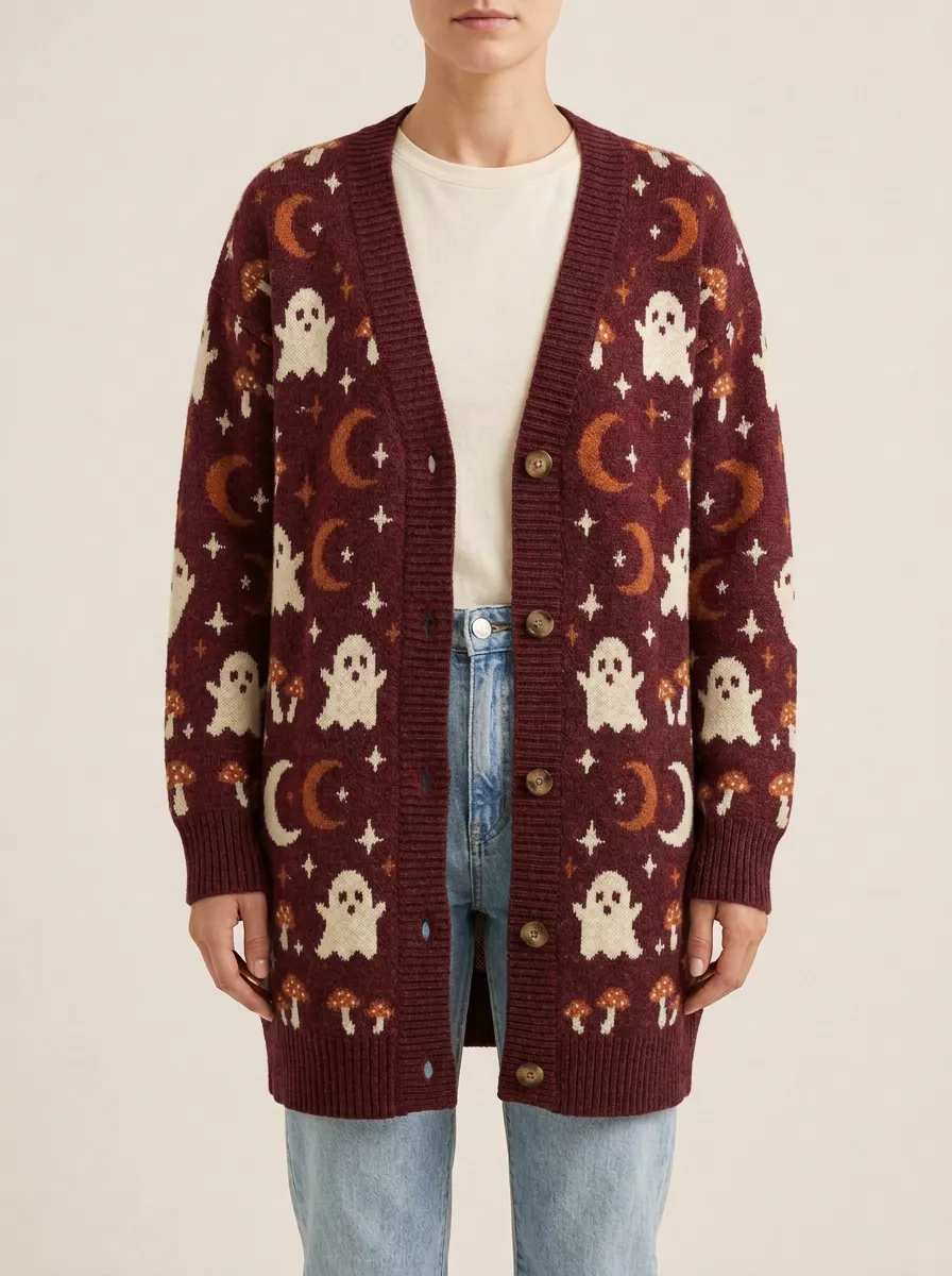 Women's Spooky Ghost Mushroom Moon Halloween Knit Cardigan